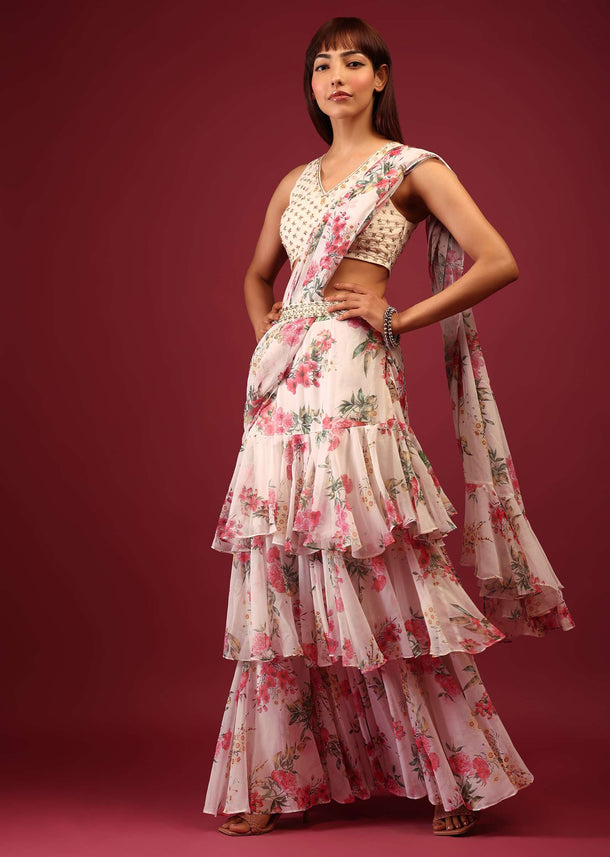 Daisy White Floral Print Pleated Lehenga Saree In Layered Frill Pattern With An Embellished Blouse