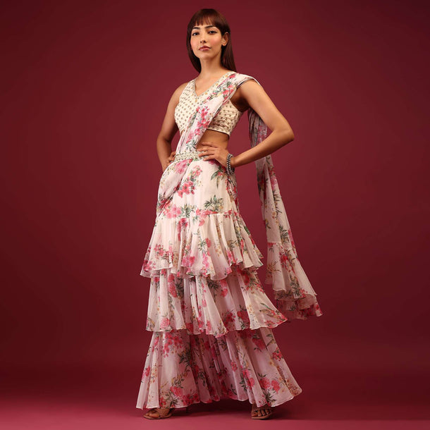 Daisy White Floral Print Pleated Lehenga Saree In Layered Frill Pattern With An Embellished Blouse