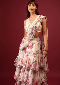 Daisy White Floral Print Pleated Lehenga Saree In Layered Frill Pattern With An Embellished Blouse