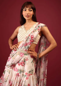 Daisy White Floral Print Pleated Lehenga Saree In Layered Frill Pattern With An Embellished Blouse