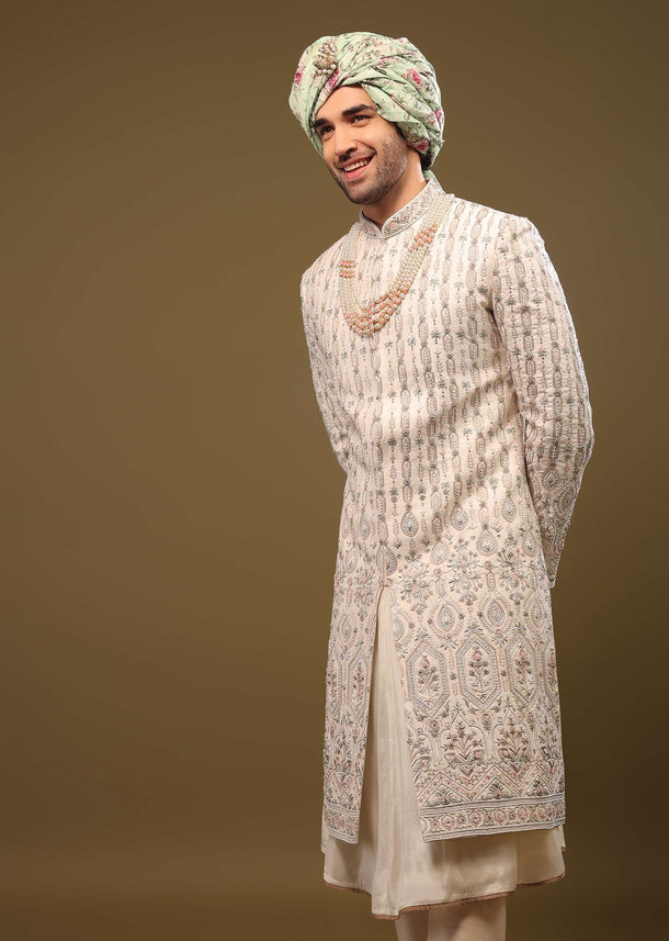 Beige White Thread Embroidered Silk Sherwani Set With Zari And Beads