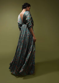 Steel Blue Gown In Satin With Floral Print And Fancy Gathered Sleeves With Adjustable Tassel Dori And Plunging Neckline