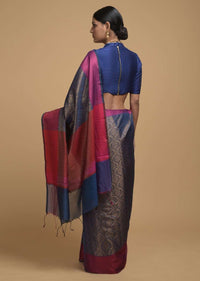 Steel Blue Saree In Silk With Woven Moroccan Jaal Design And Contrasting Red Woven Border