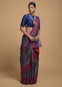 Steel Blue Saree In Silk With Woven Moroccan Jaal Design And Contrasting Red Woven Border