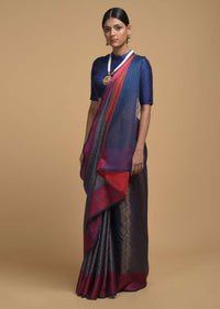 Steel Blue Saree In Silk With Woven Moroccan Jaal Design And Contrasting Red Woven Border