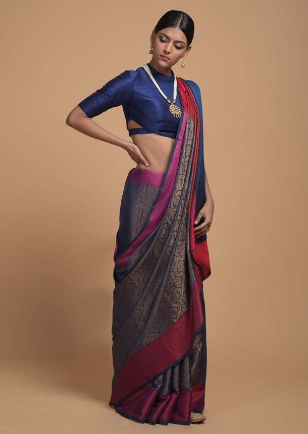 Steel Blue Saree In Silk With Woven Moroccan Jaal Design And Contrasting Red Woven Border