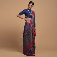 Steel Blue Saree In Silk With Woven Moroccan Jaal Design And Contrasting Red Woven Border