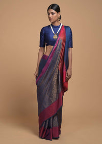 Steel Blue Saree In Silk With Woven Moroccan Jaal Design And Contrasting Red Woven Border