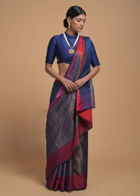 Steel Blue Saree In Silk With Woven Moroccan Jaal Design And Contrasting Red Woven Border