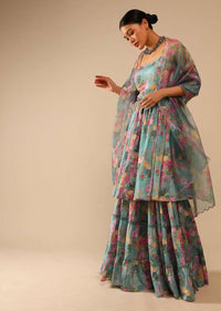 Steel Blue Sharara Suit In Crepe With Peplum Flared Kurti Adorned In Floral Print All Over