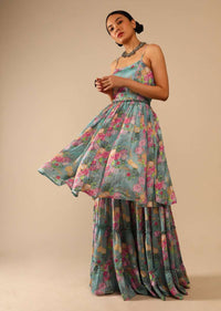 Steel Blue Sharara Suit In Crepe With Peplum Flared Kurti Adorned In Floral Print All Over