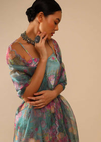 Steel Blue Sharara Suit In Crepe With Peplum Flared Kurti Adorned In Floral Print All Over