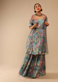 Steel Blue Sharara Suit In Crepe With Peplum Flared Kurti Adorned In Floral Print All Over