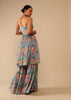 Steel Blue Sharara Suit In Crepe With Peplum Flared Kurti Adorned In Floral Print All Over