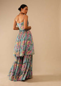 Steel Blue Sharara Suit In Crepe With Peplum Flared Kurti Adorned In Floral Print All Over