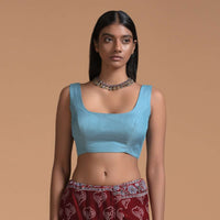 Steel Blue Sleeveless Blouse In Silk Blend With Scooped Neckline