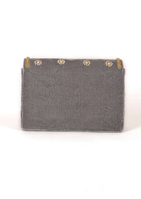 Steel Grey Clutch In Velvet With Embroidery Work Online - Kalki Fashion