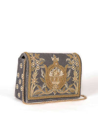 Steel Grey Clutch In Velvet With Embroidery Work Online - Kalki Fashion