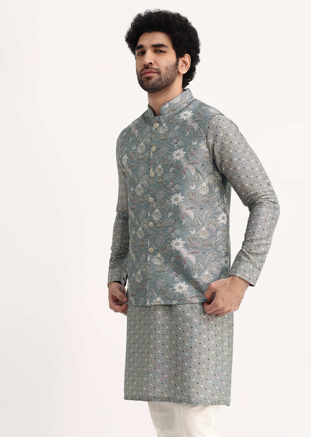 Steel Grey Kurta With Cutdana Embroidered Jacket Set For Men