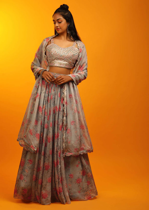 Steel Grey Lehenga In Organza With Floral Print And Multi Colored Mirror Abla Embroidered Sleeveless Choli