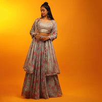 Steel Grey Lehenga In Organza With Floral Print And Multi Colored Mirror Abla Embroidered Sleeveless Choli