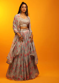 Steel Grey Lehenga In Organza With Floral Print And Multi Colored Mirror Abla Embroidered Sleeveless Choli