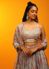 Steel Grey Lehenga In Organza With Floral Print And Multi Colored Mirror Abla Embroidered Sleeveless Choli