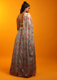 Steel Grey Lehenga In Organza With Floral Print And Multi Colored Mirror Abla Embroidered Sleeveless Choli