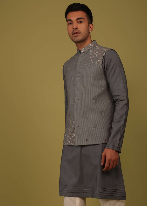 Slate Grey Thread And Sequins Embroidered Cotton Bandi Jacket Set