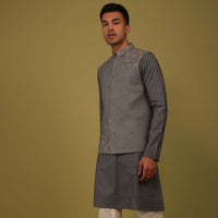 Slate Grey Thread And Sequins Embroidered Cotton Bandi Jacket Set