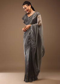 Steel Grey Tissue Organza Saree With Sequin Embroidery Blouse Crafted In Satin With A V Neckline