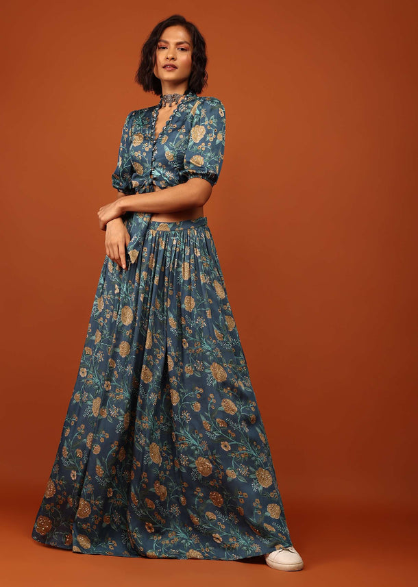 Sea Blue Blouse And Lehenga In V Neckline & Balloon Sleeves With Embellishment