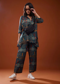 Persian Blue Printed Co-ord Set In Silk