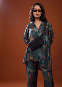 Persian Blue Printed Co-ord Set In Silk