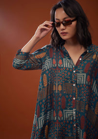 Persian Blue Printed Co-ord Set In Silk