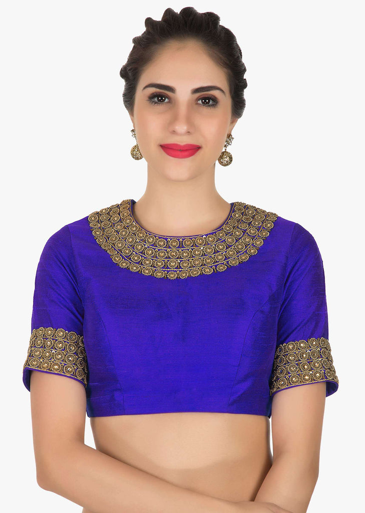 Stitched Royal Blue blouse in raw silk adorn in zari zardosi work only on Kalki