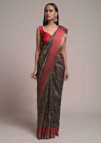 Stone Brown Pure Handloom Saree In Tussar Silk With Woven Red Border And Buttis Online - Kalki Fashion