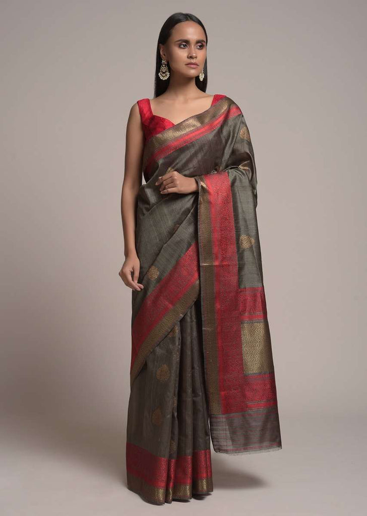 Stone Brown Pure Handloom Saree In Tussar Silk With Woven Red Border And Buttis Online - Kalki Fashion