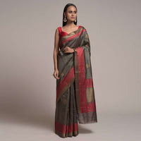 Stone Brown Pure Handloom Saree In Tussar Silk With Woven Red Border And Buttis Online - Kalki Fashion