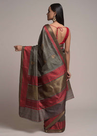 Stone Brown Pure Handloom Saree In Tussar Silk With Woven Red Border And Buttis Online - Kalki Fashion