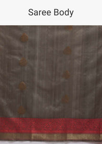 Stone Brown Pure Handloom Saree In Tussar Silk With Woven Red Border And Buttis Online - Kalki Fashion