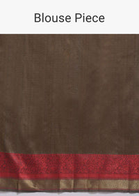 Stone Brown Pure Handloom Saree In Tussar Silk With Woven Red Border And Buttis Online - Kalki Fashion