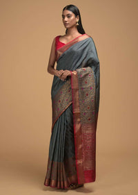 Stone Grey Pure Handloom Saree In Tussar Silk With Woven Stripes And Floral Border Online - Kalki Fashion