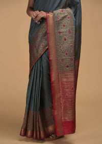 Stone Grey Pure Handloom Saree In Tussar Silk With Woven Stripes And Floral Border Online - Kalki Fashion