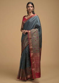 Stone Grey Pure Handloom Saree In Tussar Silk With Woven Stripes And Floral Border Online - Kalki Fashion