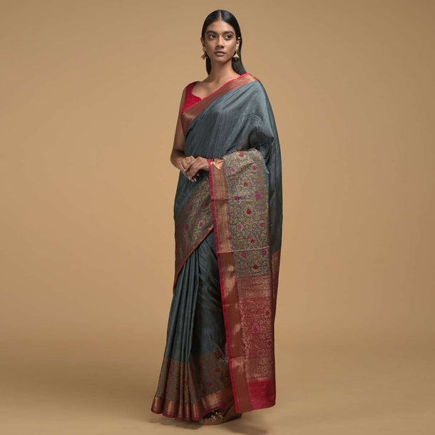 Stone Grey Pure Handloom Saree In Tussar Silk With Woven Stripes And Floral Border Online - Kalki Fashion