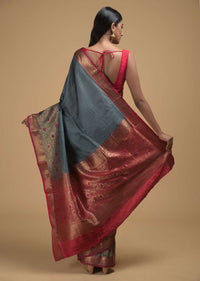 Stone Grey Pure Handloom Saree In Tussar Silk With Woven Stripes And Floral Border Online - Kalki Fashion