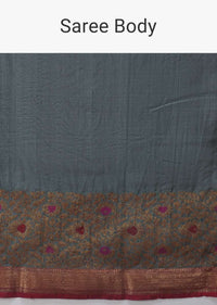 Stone Grey Pure Handloom Saree In Tussar Silk With Woven Stripes And Floral Border Online - Kalki Fashion