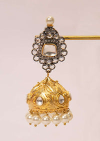 Stone studded earring with golden jhumkas drop