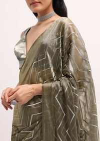Stone Grey Glass Tissue Saree With Unstitched Blouse